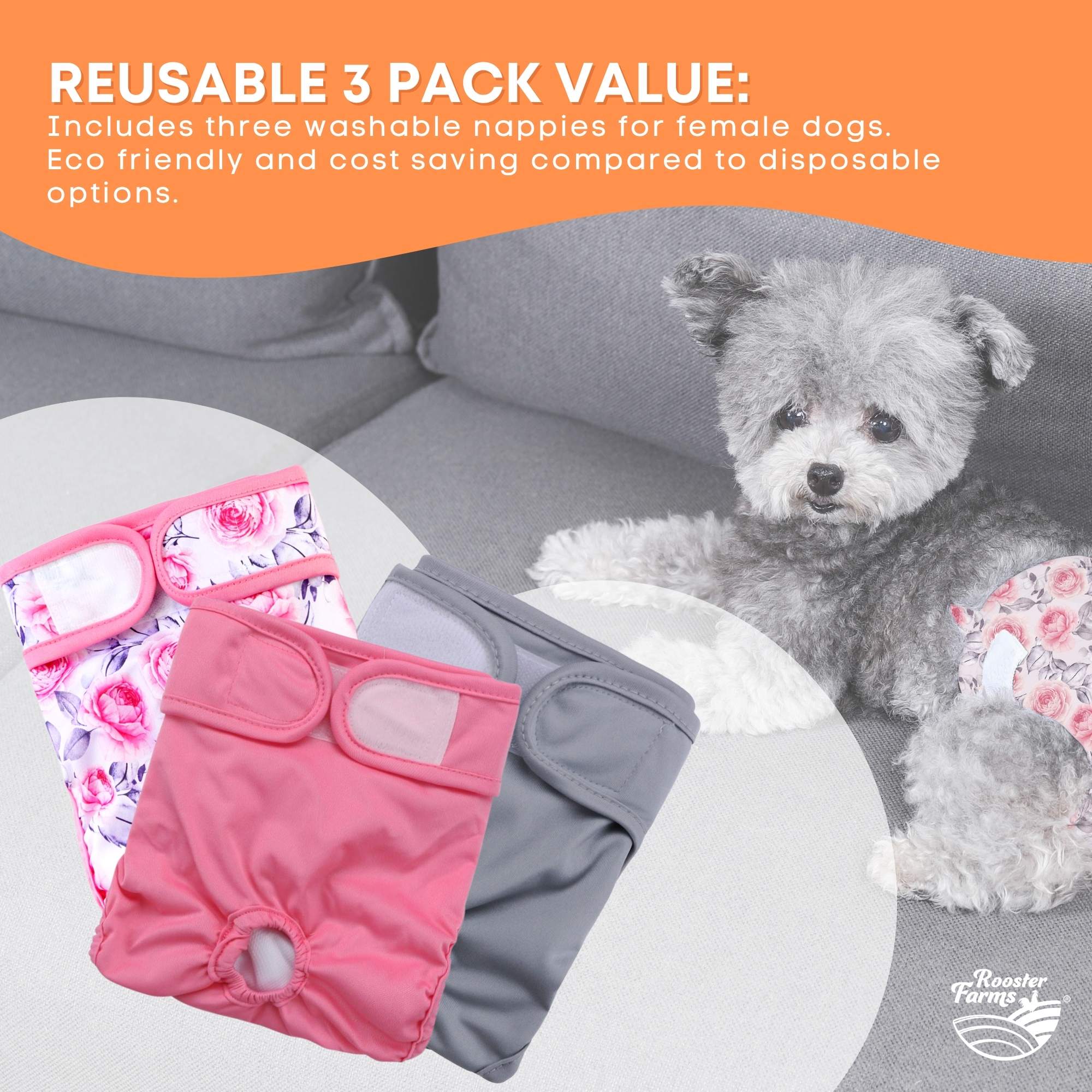 Rooster Farms Female Dog Diapers Medium 3Pk - Washable Reusable Nappy Hook/Loop