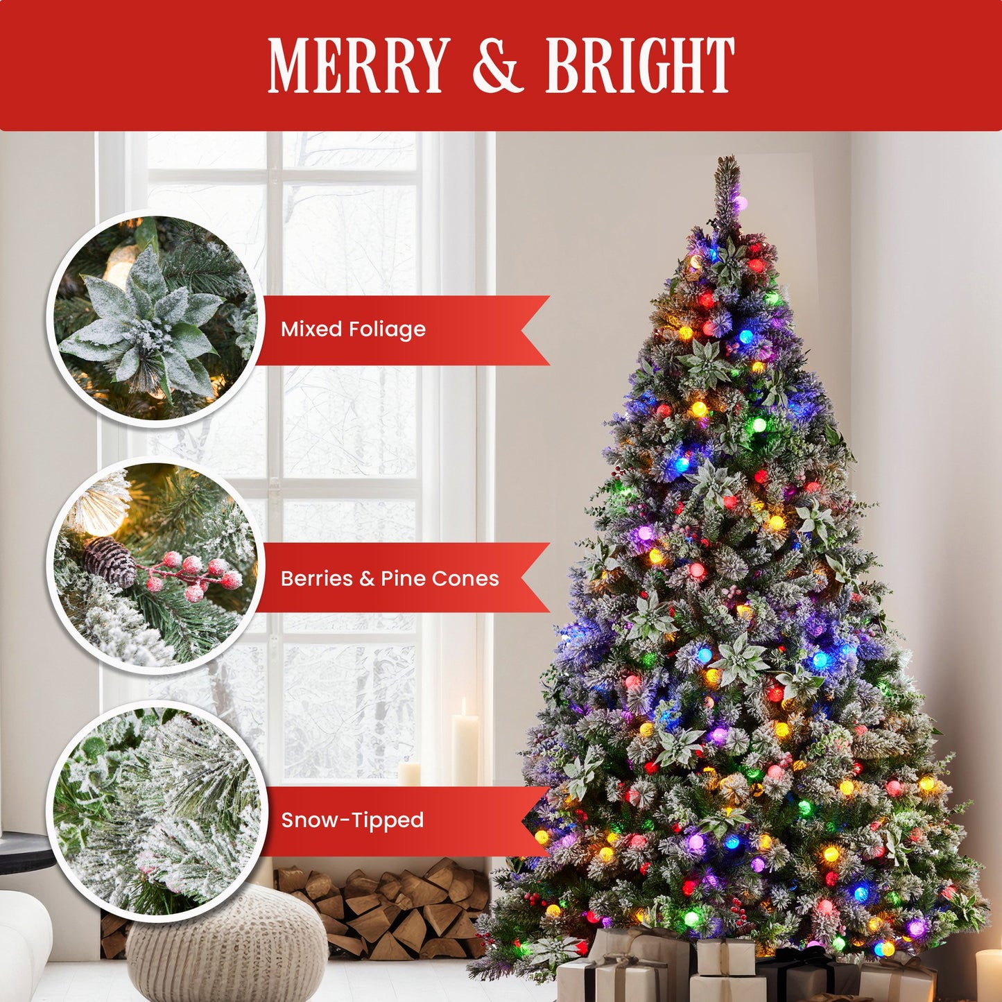 Christabelle Snowy Crown Pine 2.7m Multicolour Pre-Lit Christmas Tree with 2429 Tips