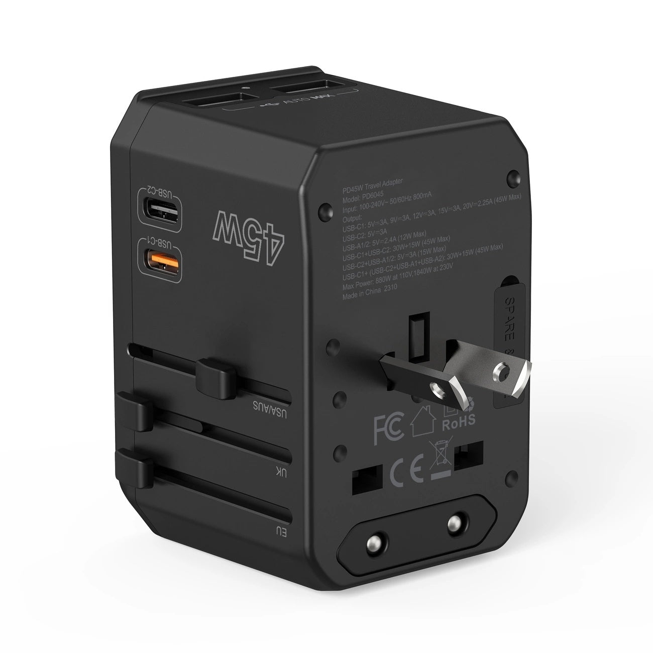 CHOETECH PD6045 GaN Tech 2C+2A 45W Travel Adapter with US EU UK AU Plugs Black