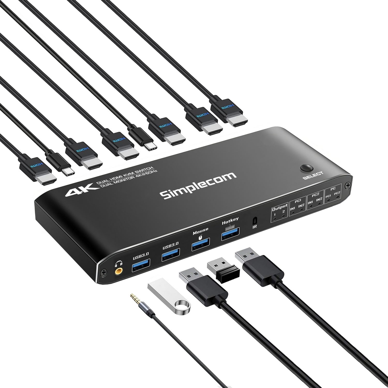 Simplecom KM430 Dual HDMI Monitor KVM Switch for 2 Computers with 4-Port USB Hub 4K@60Hz Keyboard Hotkey