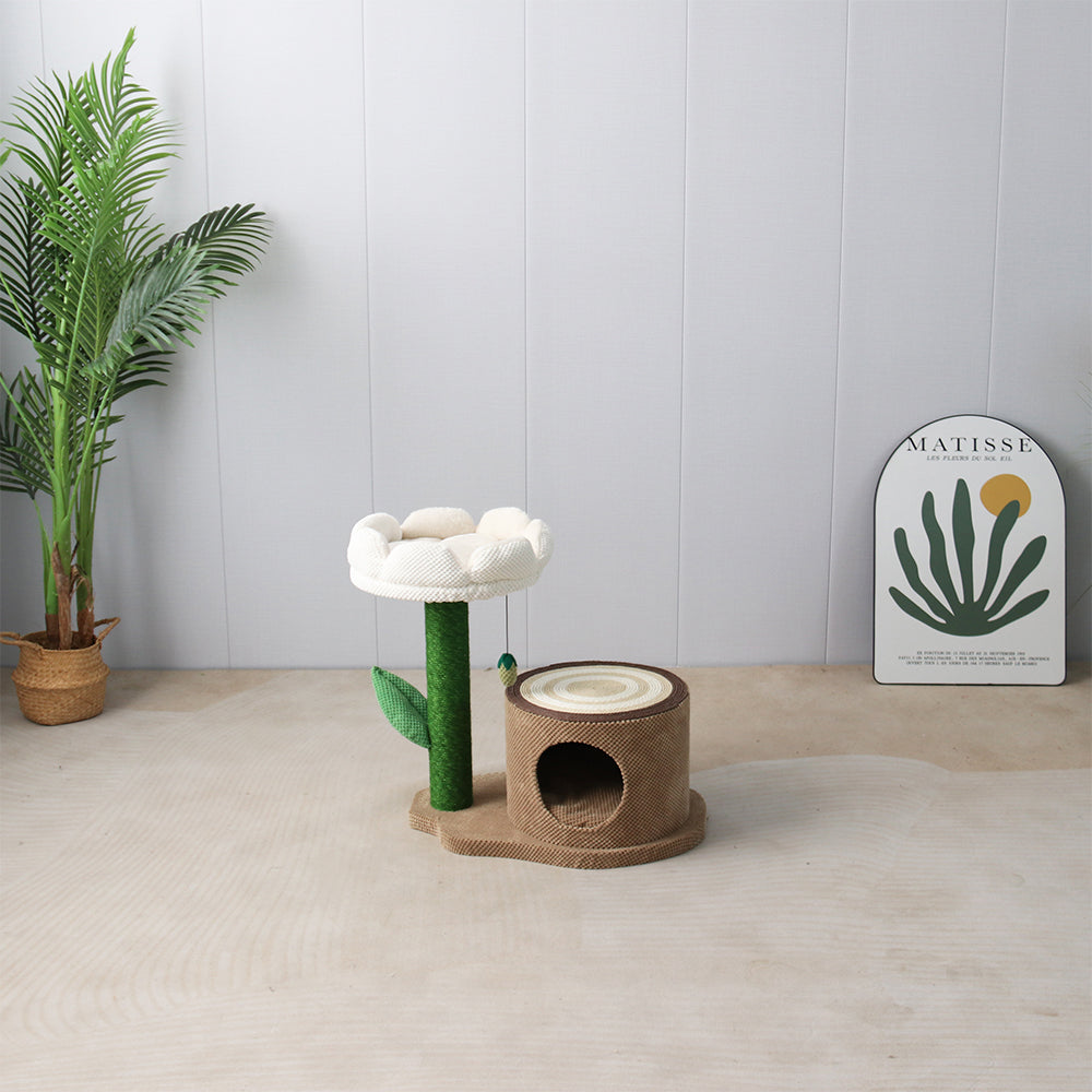 Log Cat House With White Camelia Cat Scratching Tree