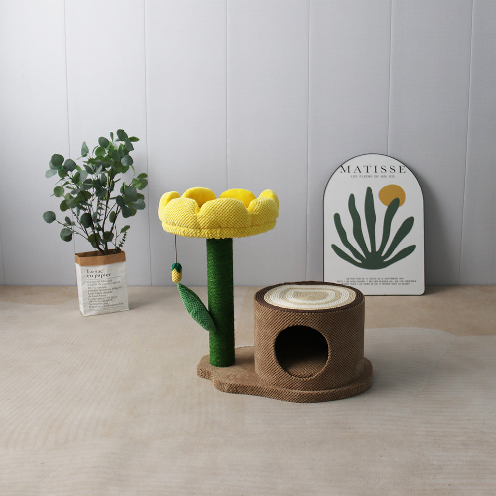 Log Cat House With Yellow Camelia Cat Scratching Tree