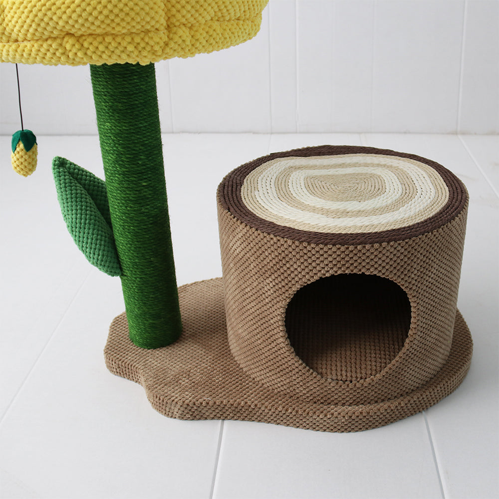 Log Cat House With Yellow Camelia Cat Scratching Tree