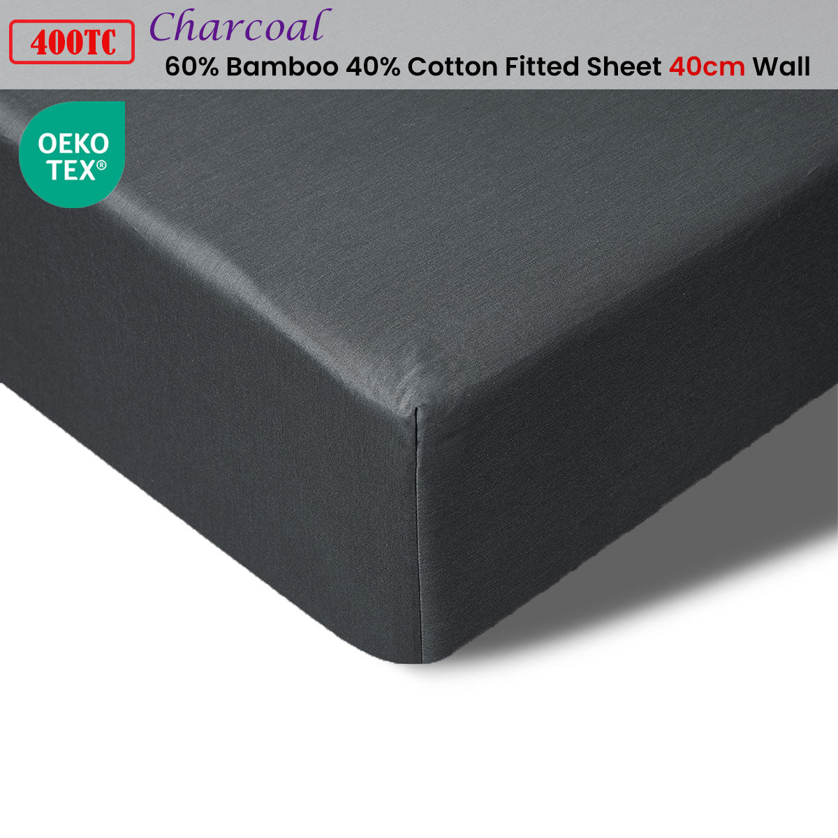 400TC Charcoal Bamboo Cotton Fitted Sheet 40cm Wall King Single
