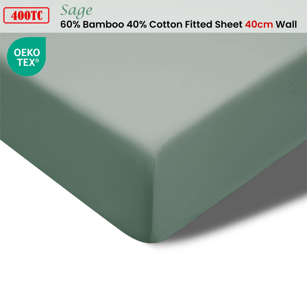 400TC Sage Bamboo Cotton Fitted Sheet 40cm Wall Queen