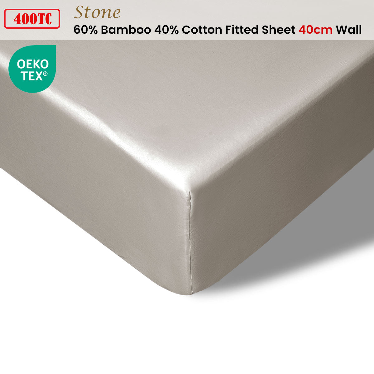 400TC Stone Bamboo Cotton Fitted Sheet 40cm Wall Queen