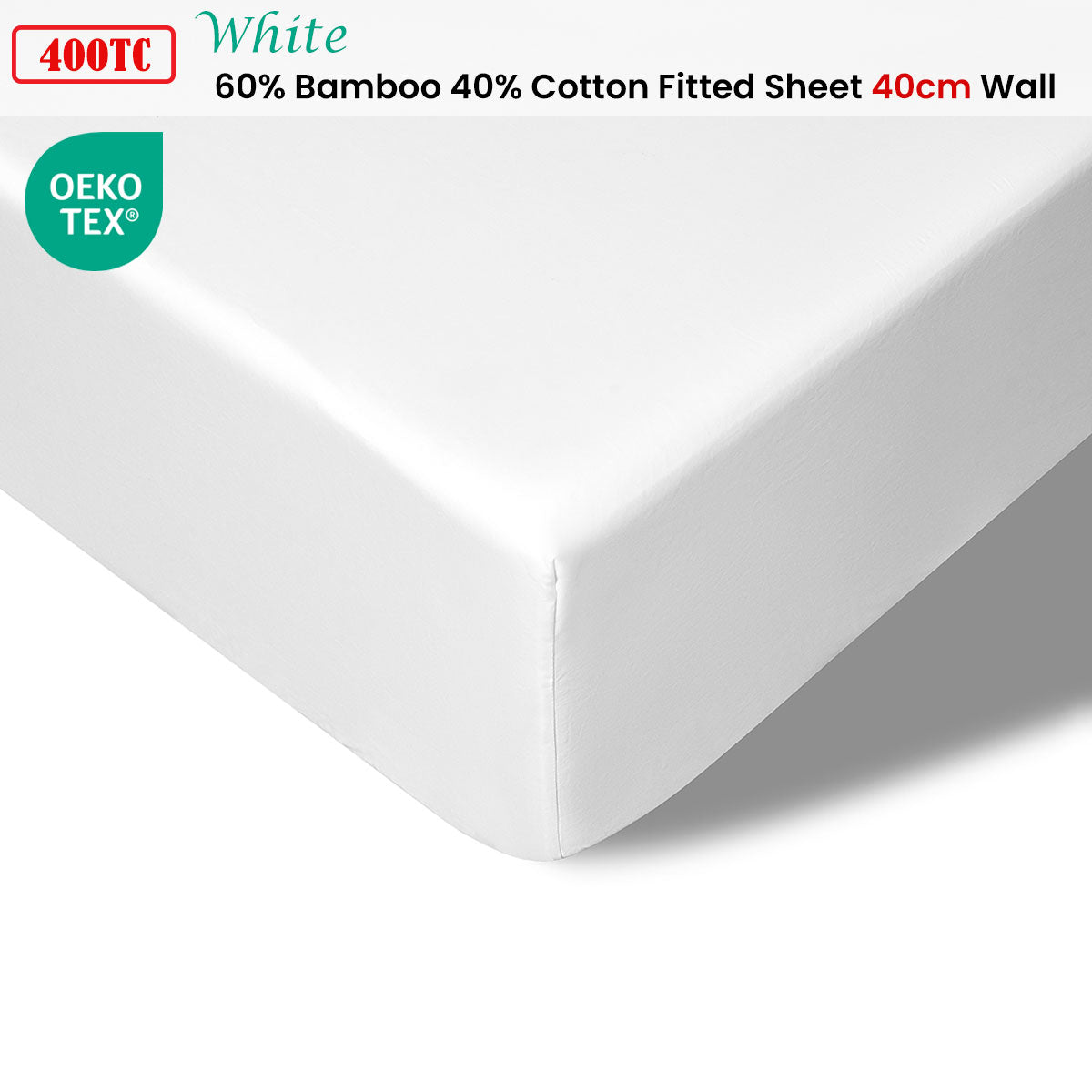 400TC White Bamboo Cotton Fitted Sheet 40cm Wall King