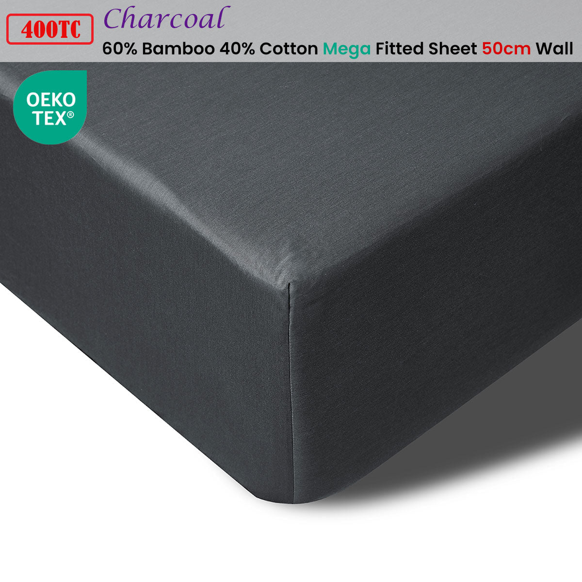 400TC Charcoal Bamboo Cotton Mega / Super Fitted Sheet 50cm Wall Queen
