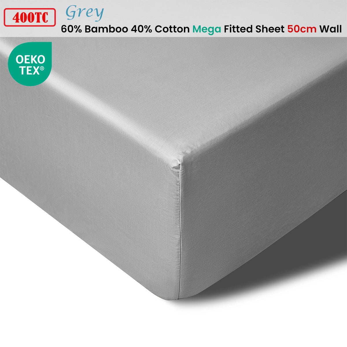 400TC Grey Bamboo Cotton Mega / Super Fitted Sheet 50cm Wall Queen