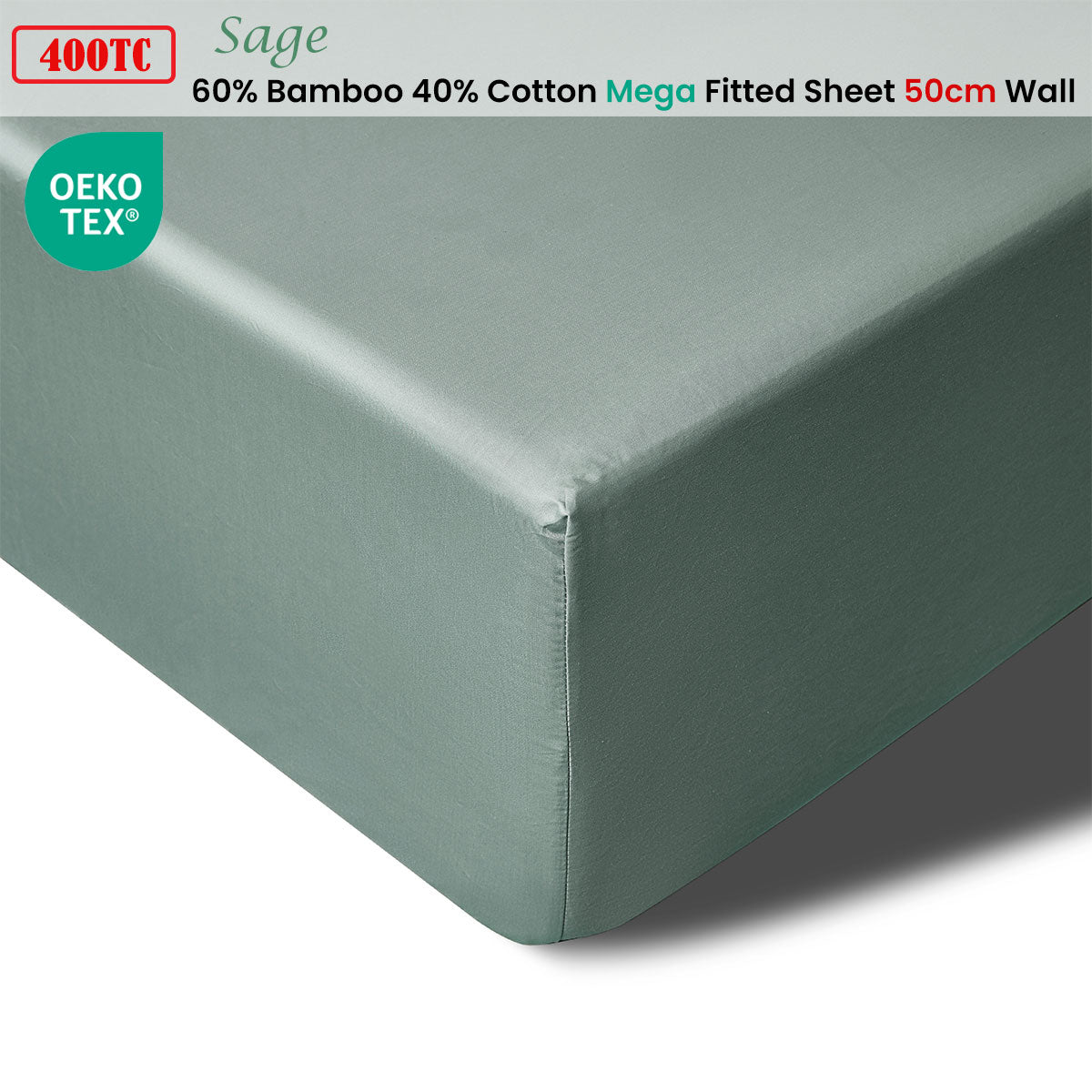 400TC Sage Bamboo Cotton Mega / Super Fitted Sheet 50cm Wall Queen