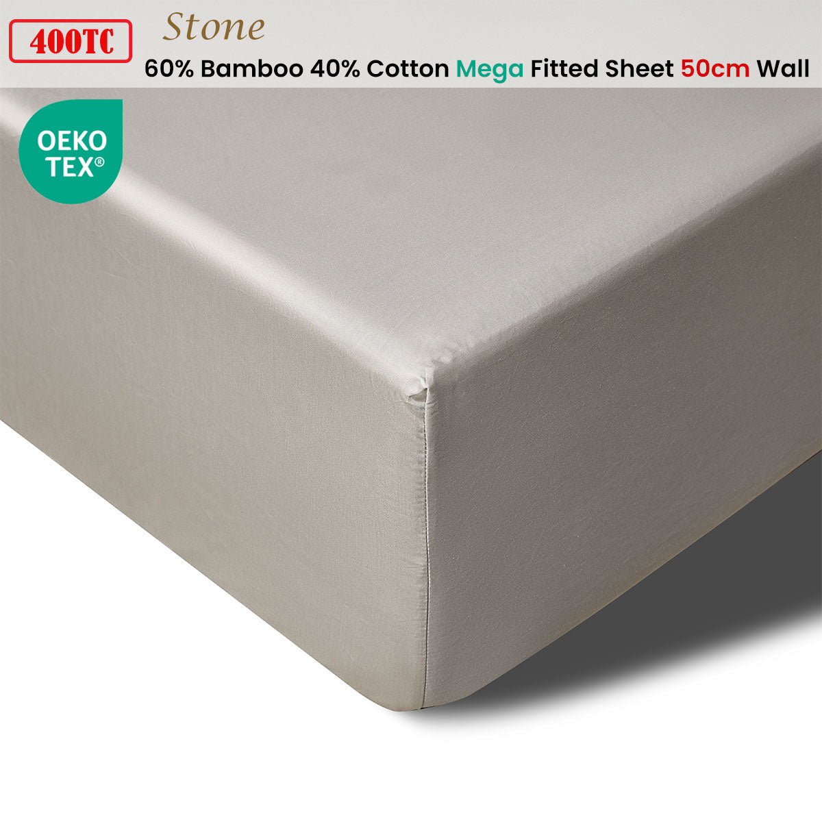 400TC Stone Bamboo Cotton Mega / Super Fitted Sheet 50cm Wall Queen