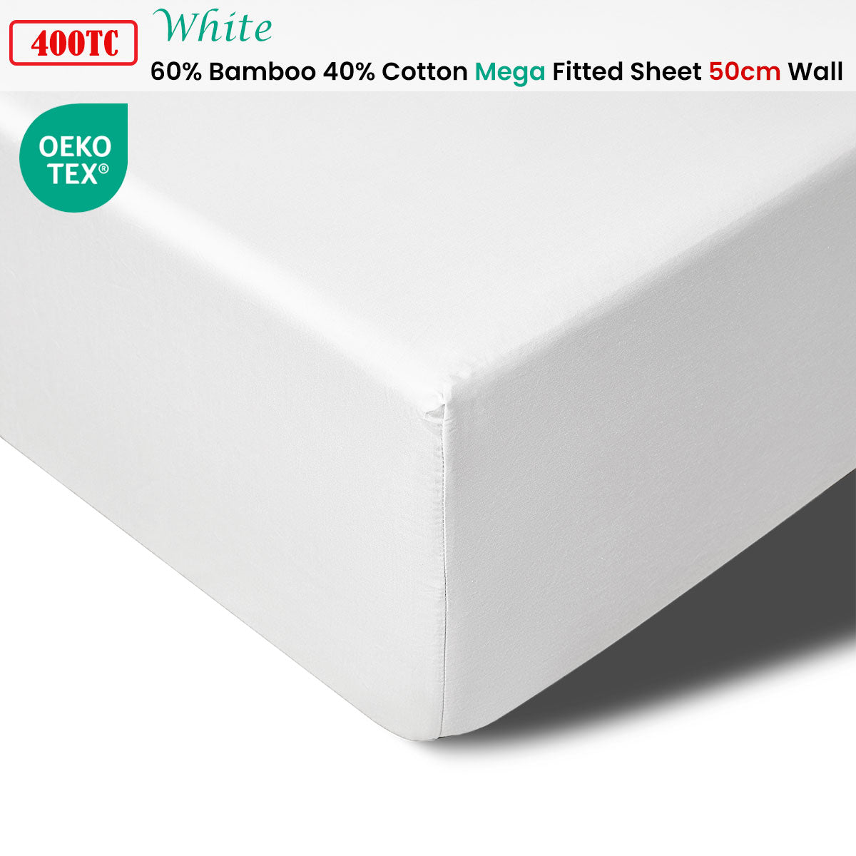 400TC White Bamboo Cotton Mega / Super Fitted Sheet 50cm Wall Queen