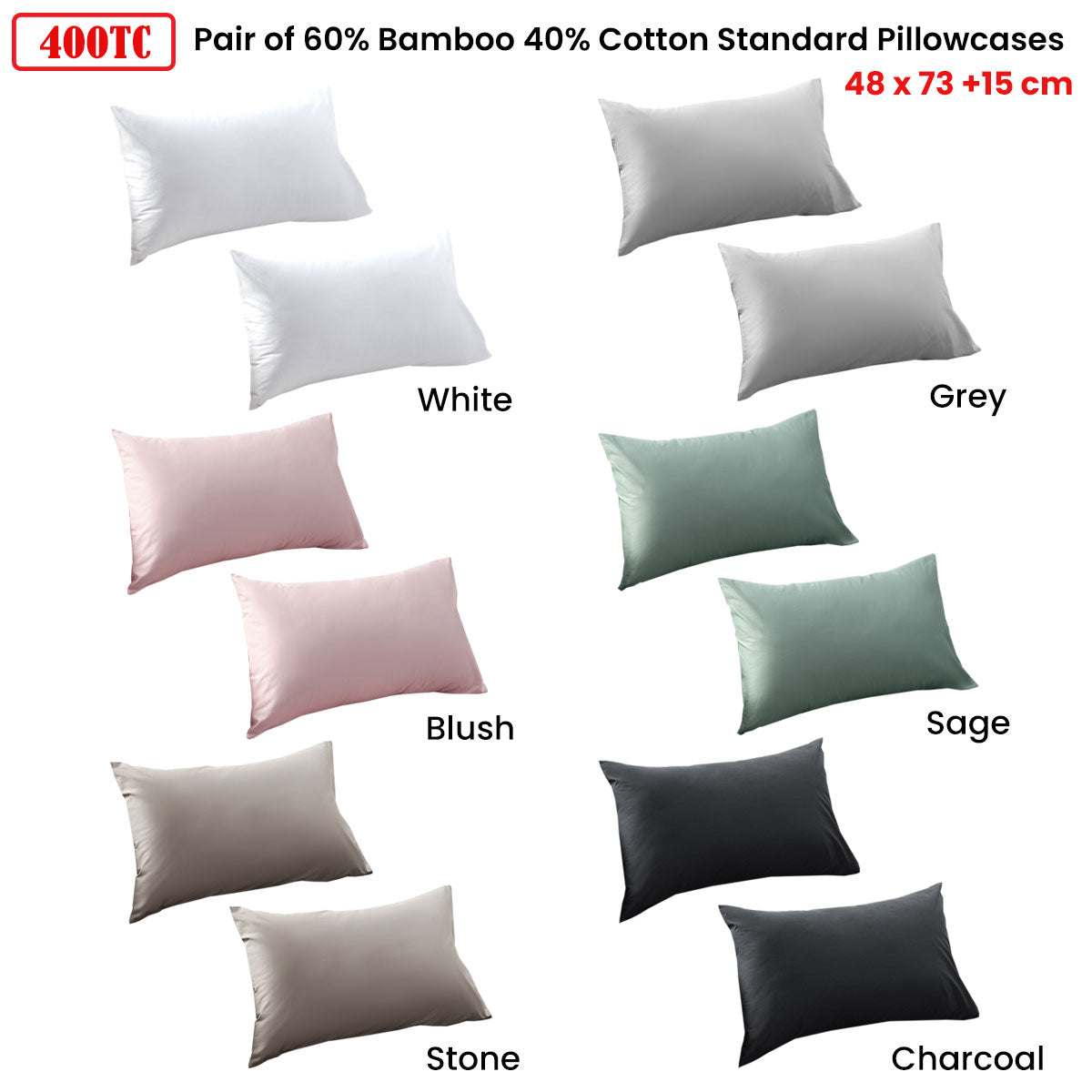 White 400TC Bamboo Cotton Pair of Standard Pillowcases 48 x 73 + 15cm