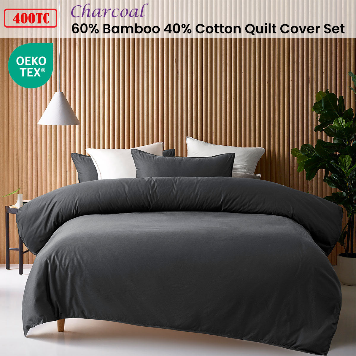 Charcoal 400TC Charcoal Bamboo Cotton Double Stitched Quilt Cover Set Super King