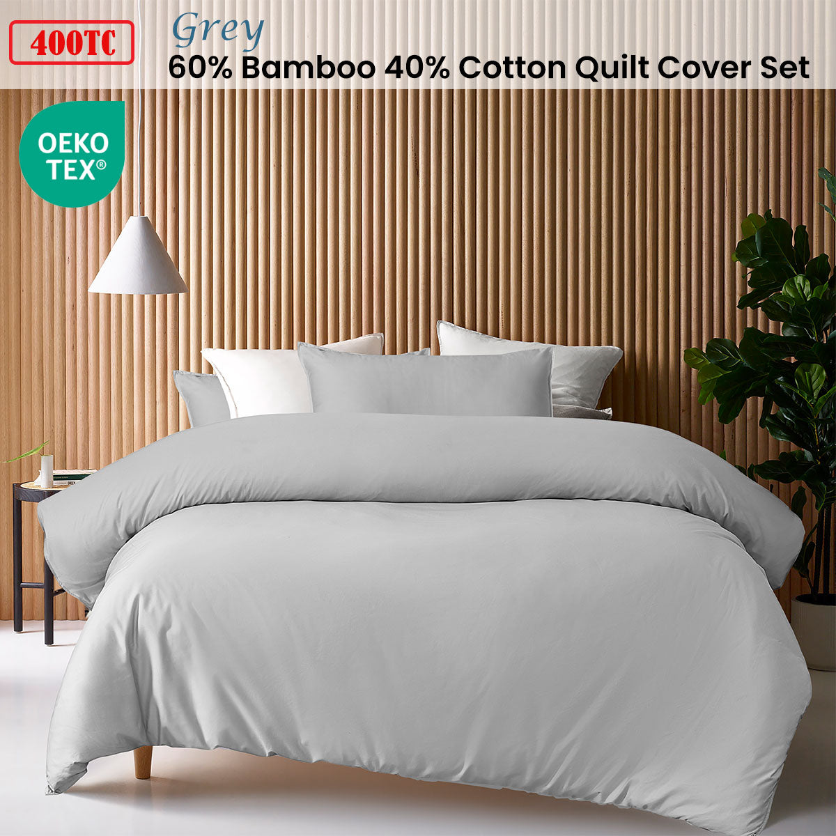 Grey 400TC Grey Bamboo Cotton Double Stitched Quilt Cover Set Super King