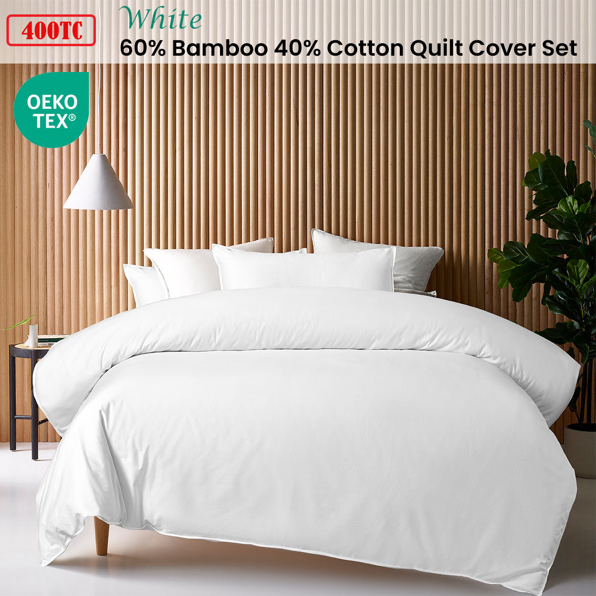 White 400TC White Bamboo Cotton Double Stitched Quilt Cover Set Single