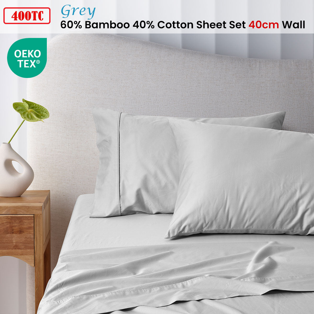 400TC Grey Bamboo Cotton Sheet Set 40cm Wall Queen