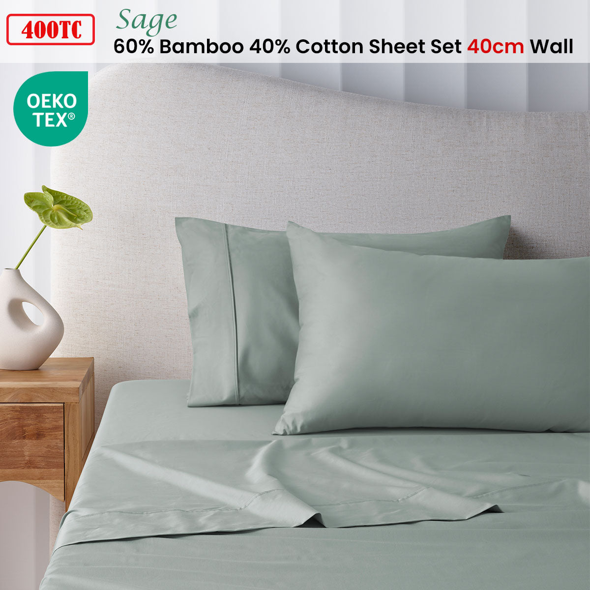 400TC Sage Bamboo Cotton Sheet Set 40cm Wall Double