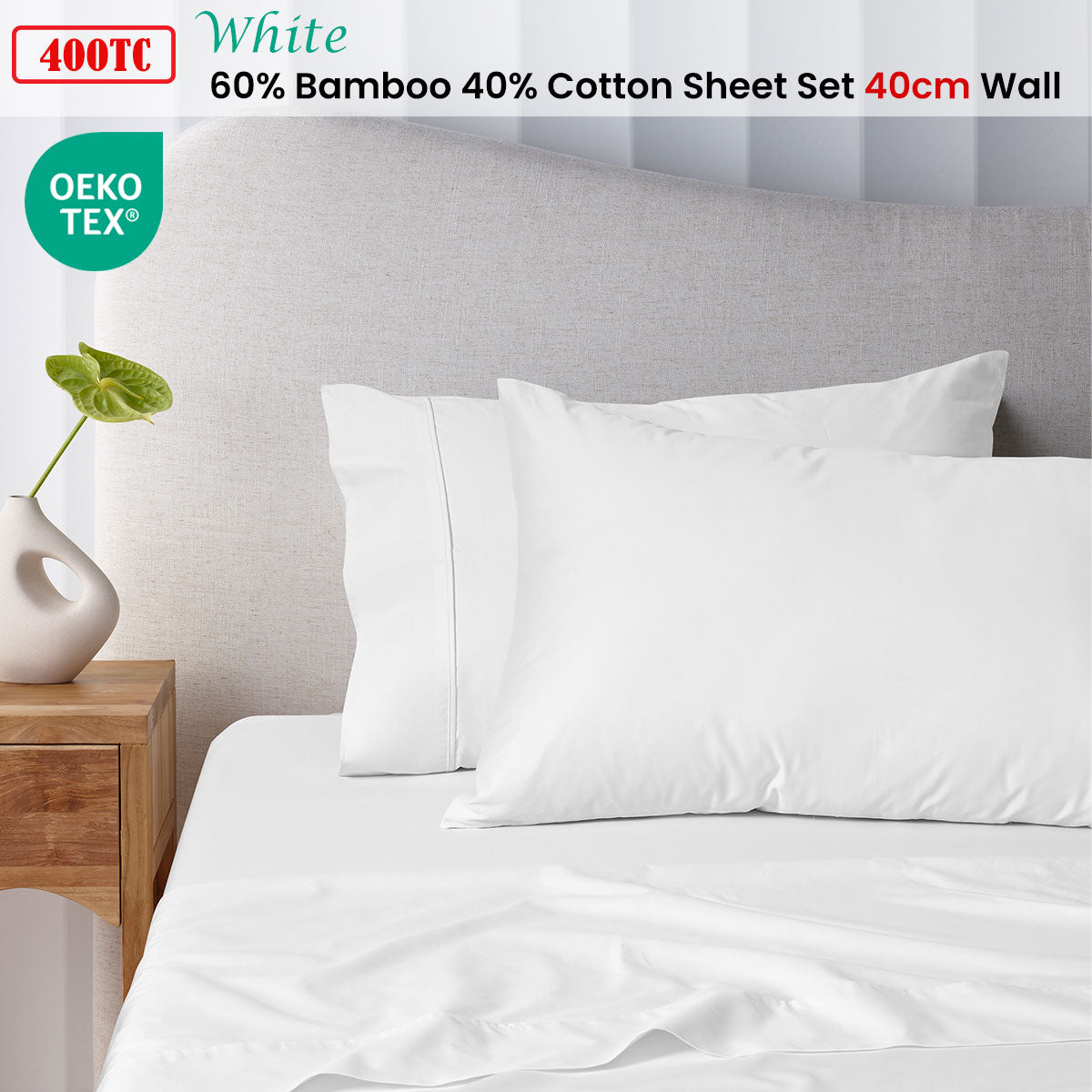 400TC White Bamboo Cotton Sheet Set 40cm Wall King