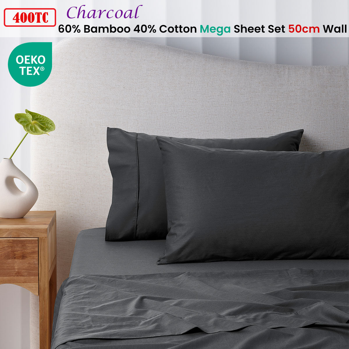 400TC Charcoal Bamboo Cotton Mega / Super Sheet Set 50cm Wall King