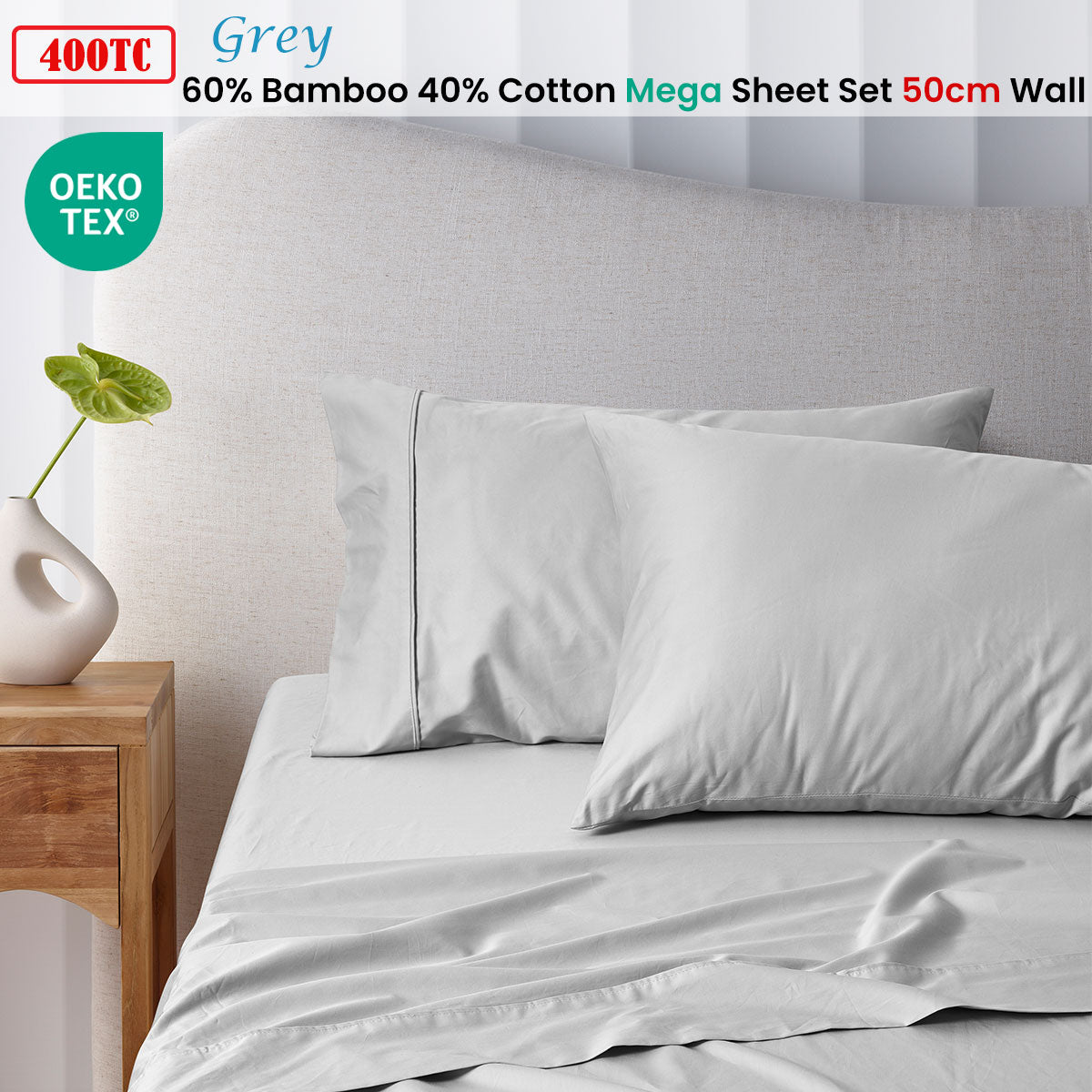 400TC Grey Bamboo Cotton Mega / Super Sheet Set 50cm Wall Super King