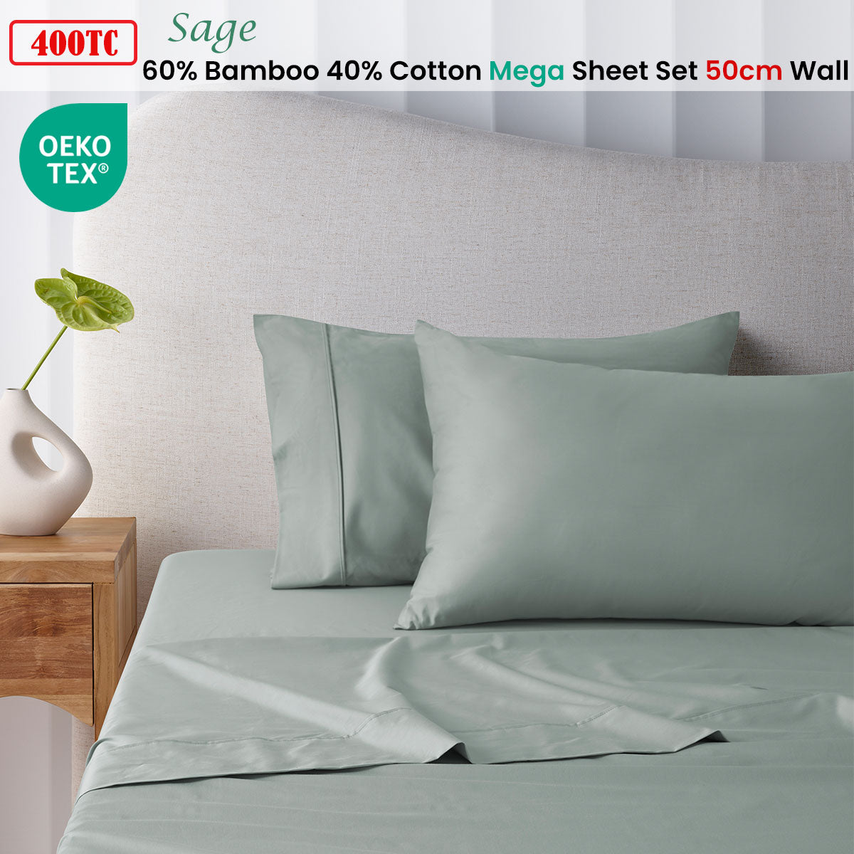 400TC Sage Bamboo Cotton Mega / Super Sheet Set 50cm Wall King