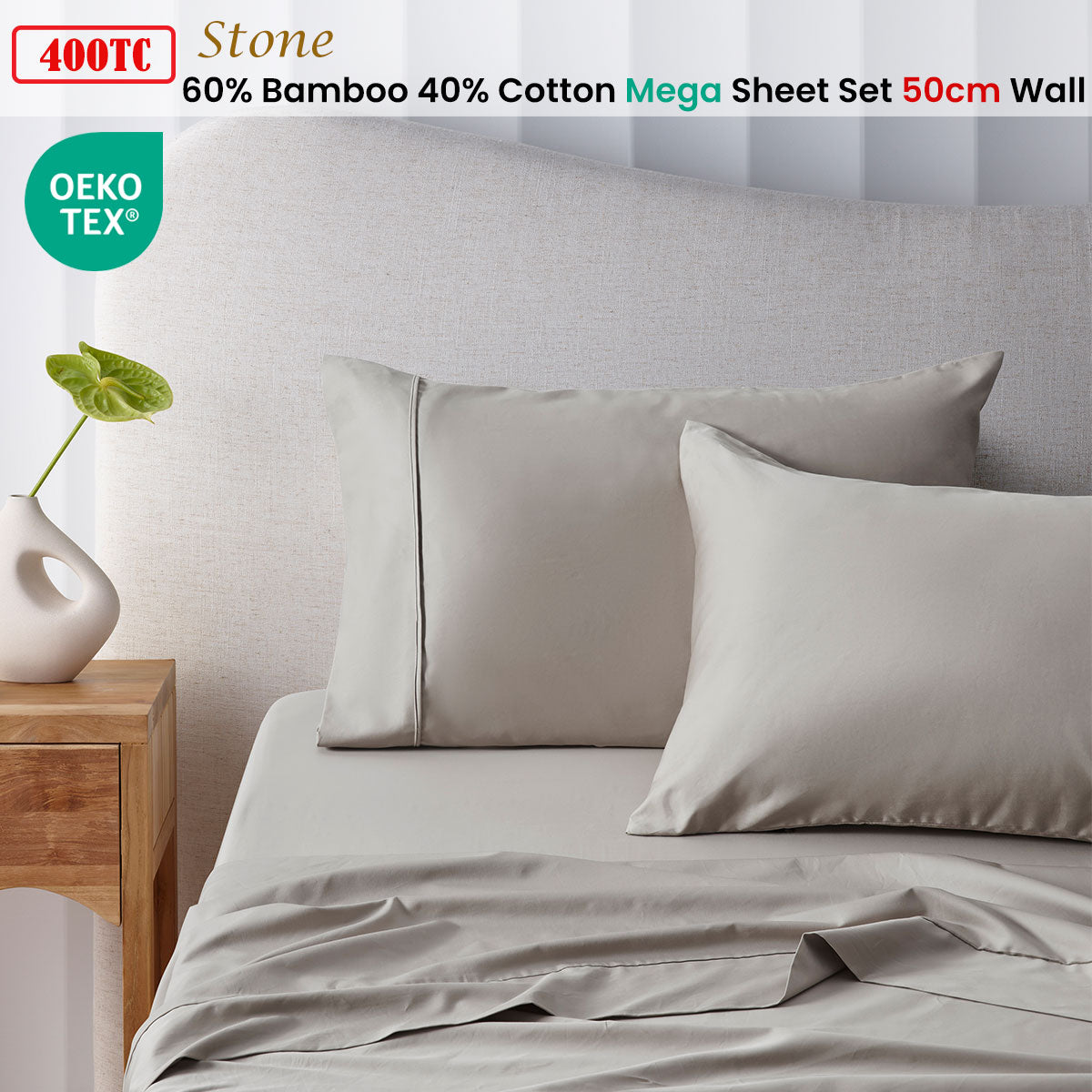 400TC Stone Bamboo Cotton Mega / Super Sheet Set 50cm Wall Super King
