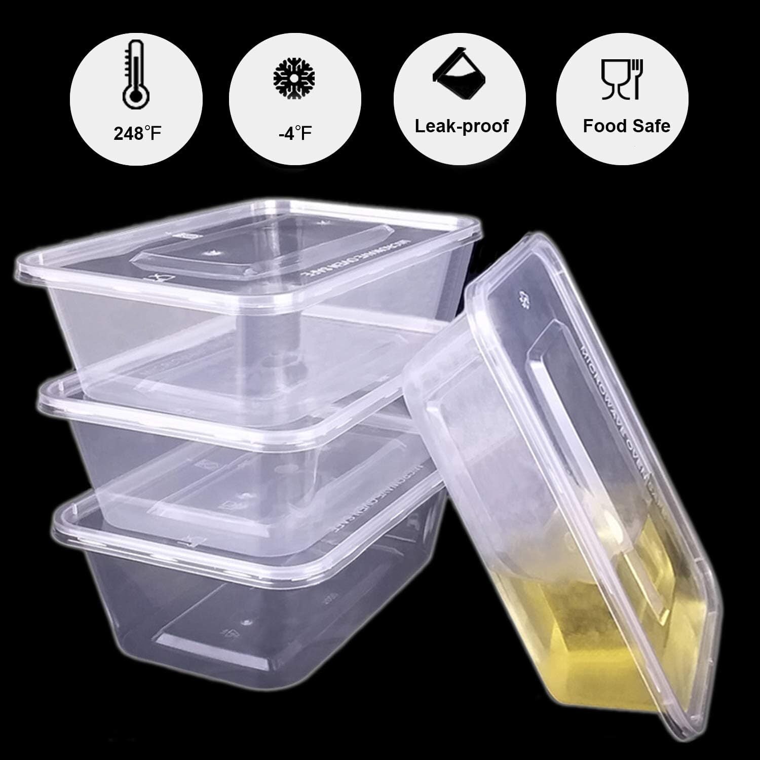 120pcs 1500ml Reusable Food Containers Plastic Storage Meal Prep w/ Lids (217*145*72mm)