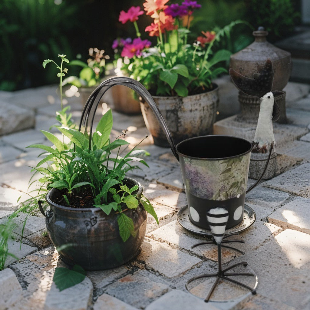 Black + White Chook w Design Planter 32cm