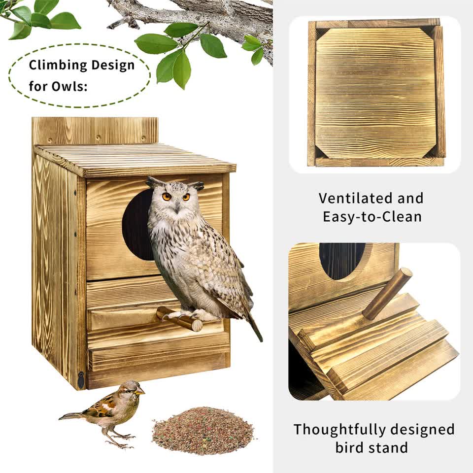 Large Wooden Screech Owl House Nesting Box with Perch - Outdoor Birdhouse for Garden Trees