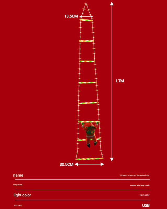 Festive Climbing Santa LED Ladder Light - USB Powered Outdoor Christmas Hanging Decoration with Remote(1.7m)