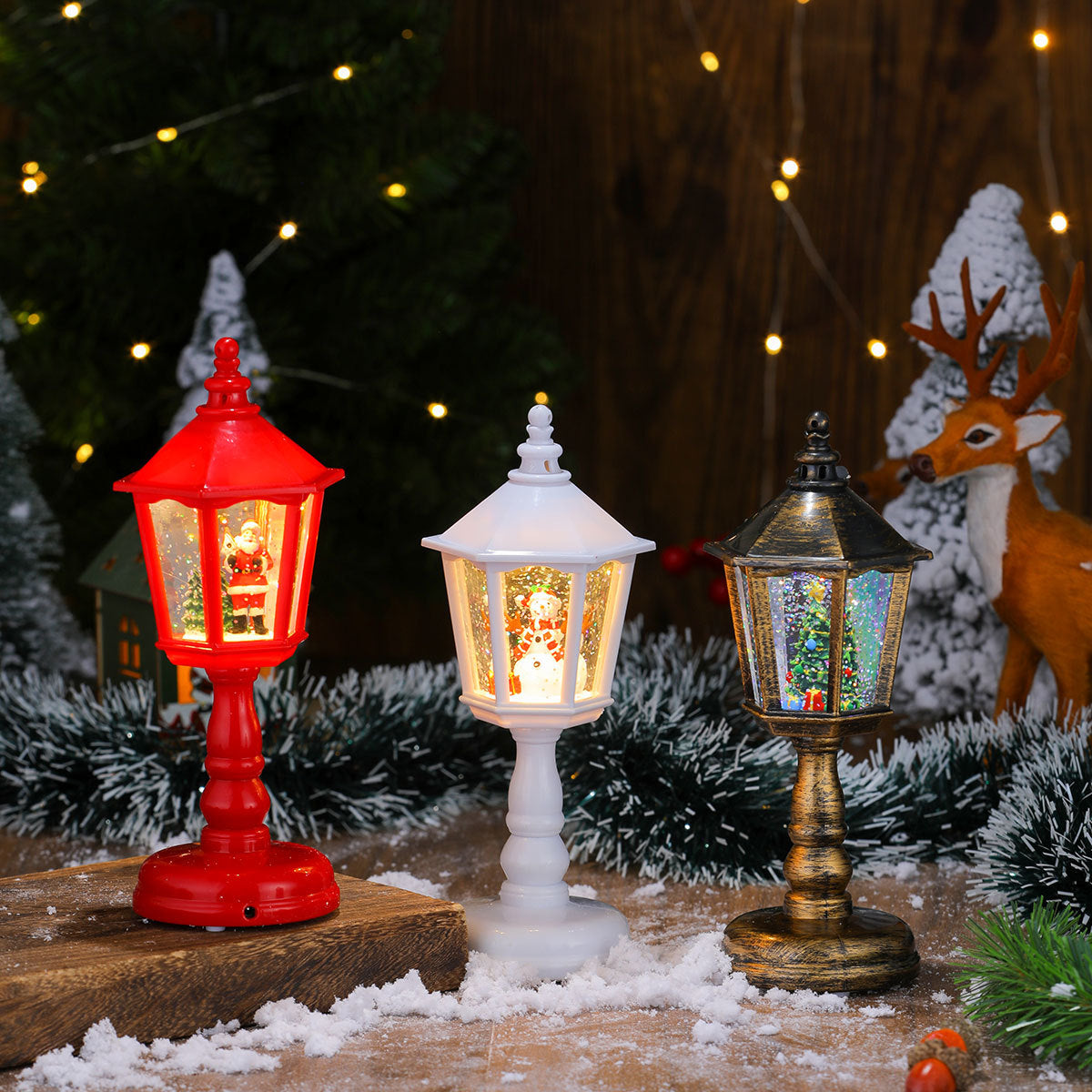 Festive LED Christmas Snow Globe Lantern - Glittering Tabletop Decoration with Santa/Snowman Scene, Dual Power(red)