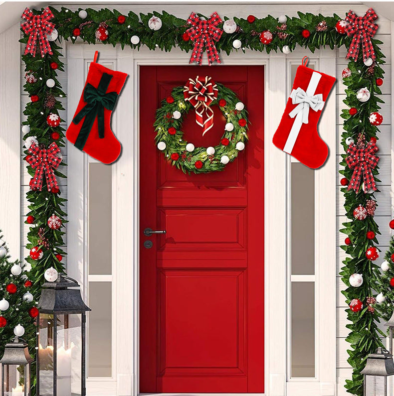 2 Pcs Red Stitching White Bow Luxurious Velvet Christmas Stocking with Elegant Bow - Large 45cm Holiday Mantel Decoration