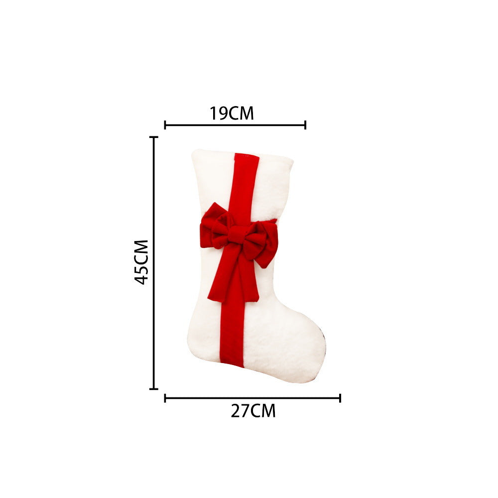 2 Pcs White Stitching Red Bow Luxurious Velvet Christmas Stocking with Elegant Bow - Large 45cm Holiday Mantel Decoration