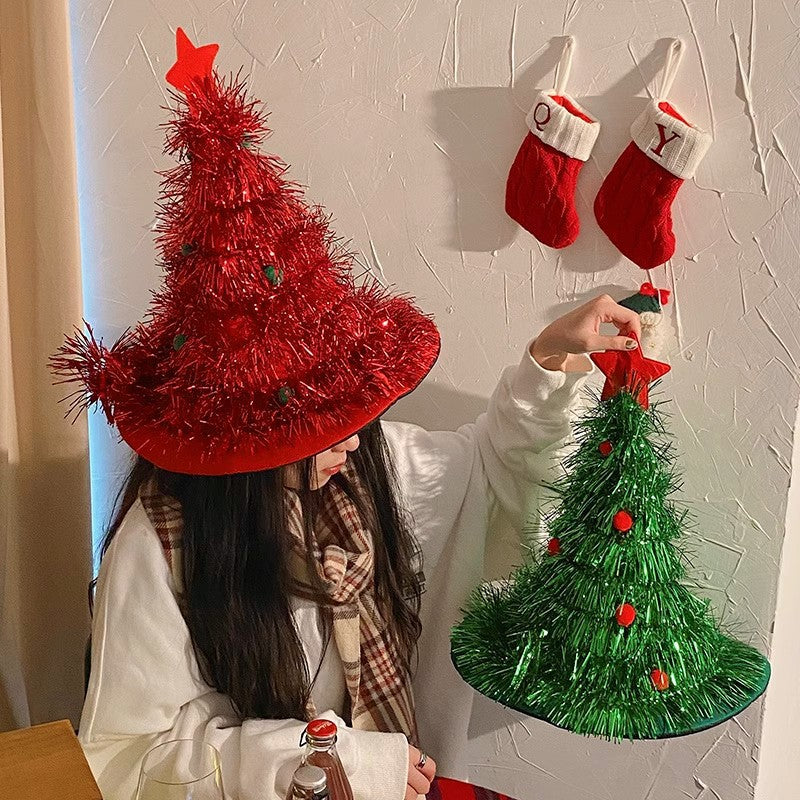 Red Sparkly Tinsel Christmas Tree Hat - Festive Holiday Party Headwear for Adults & Kids