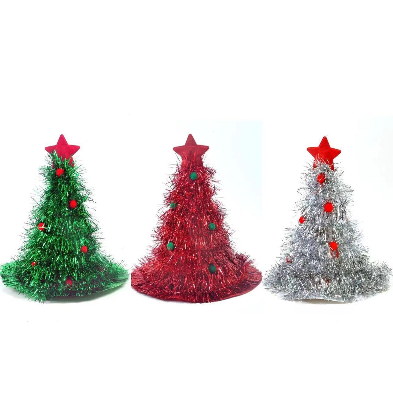 Silver Sparkly Tinsel Christmas Tree Hat - Festive Holiday Party Headwear for Adults & Kids