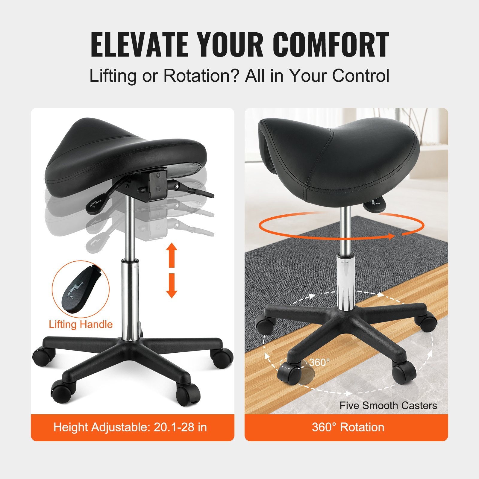 Height Adjustable Thickened PU Leather Swivel Saddle Stools Chair for Salon, Black