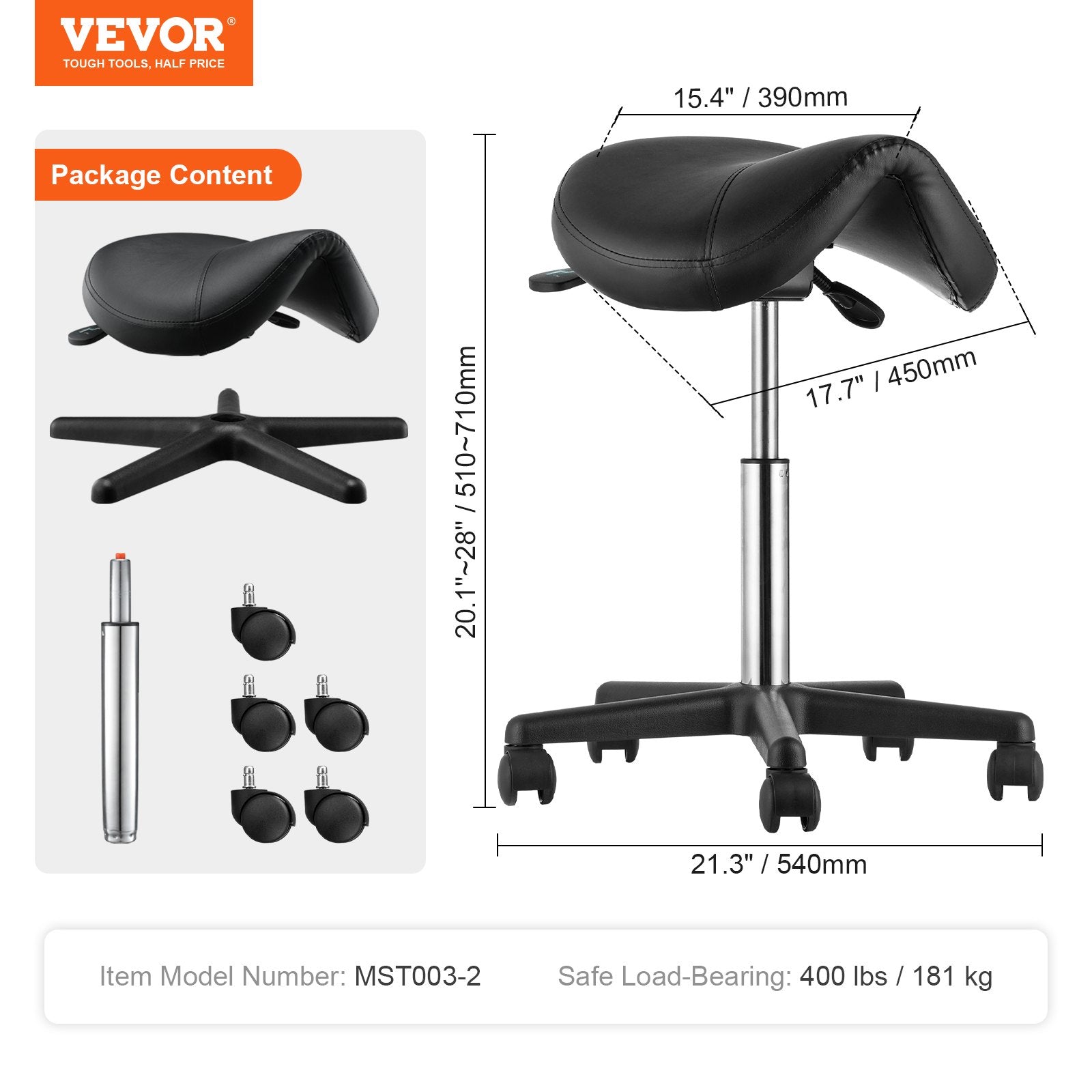 Height Adjustable Thickened PU Leather Swivel Saddle Stools Chair for Salon, Black