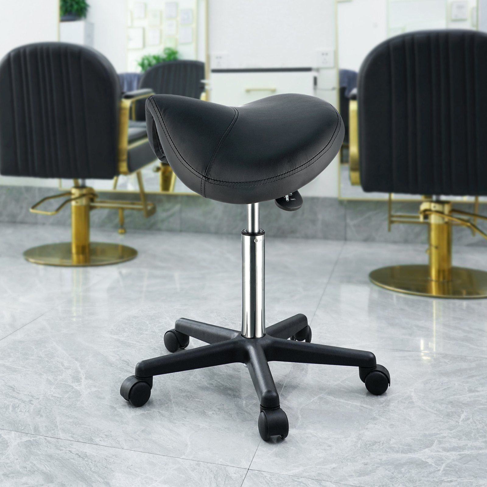 Height Adjustable Thickened PU Leather Swivel Saddle Stools Chair for Salon, Black