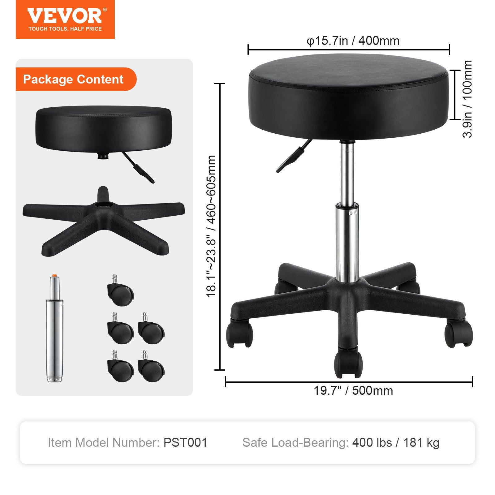 Adjustable Height Stool with Ultra-Thick Seat Cushion, Swivel Stools Chair for Salon,Black