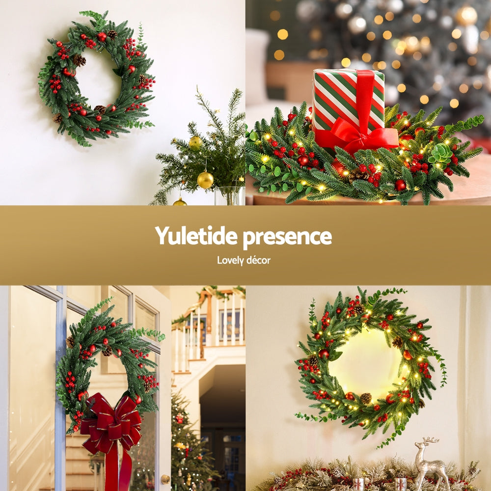 Jingle Jollys Christmas Wreath 60CM LED Garland Berries Pine Cones Party Decor
